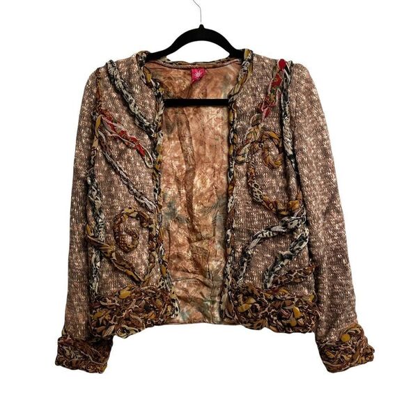 𝅺SANDY STARKMAN Textured Open Knit Cardigan Blazer Jacket Brown S - Picture 1 of 9